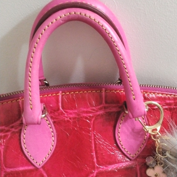 Dooney & Bourke Pink Leather Satchel Pink Croc Embossed with Pom Purse Charms - Picture 7 of 15
